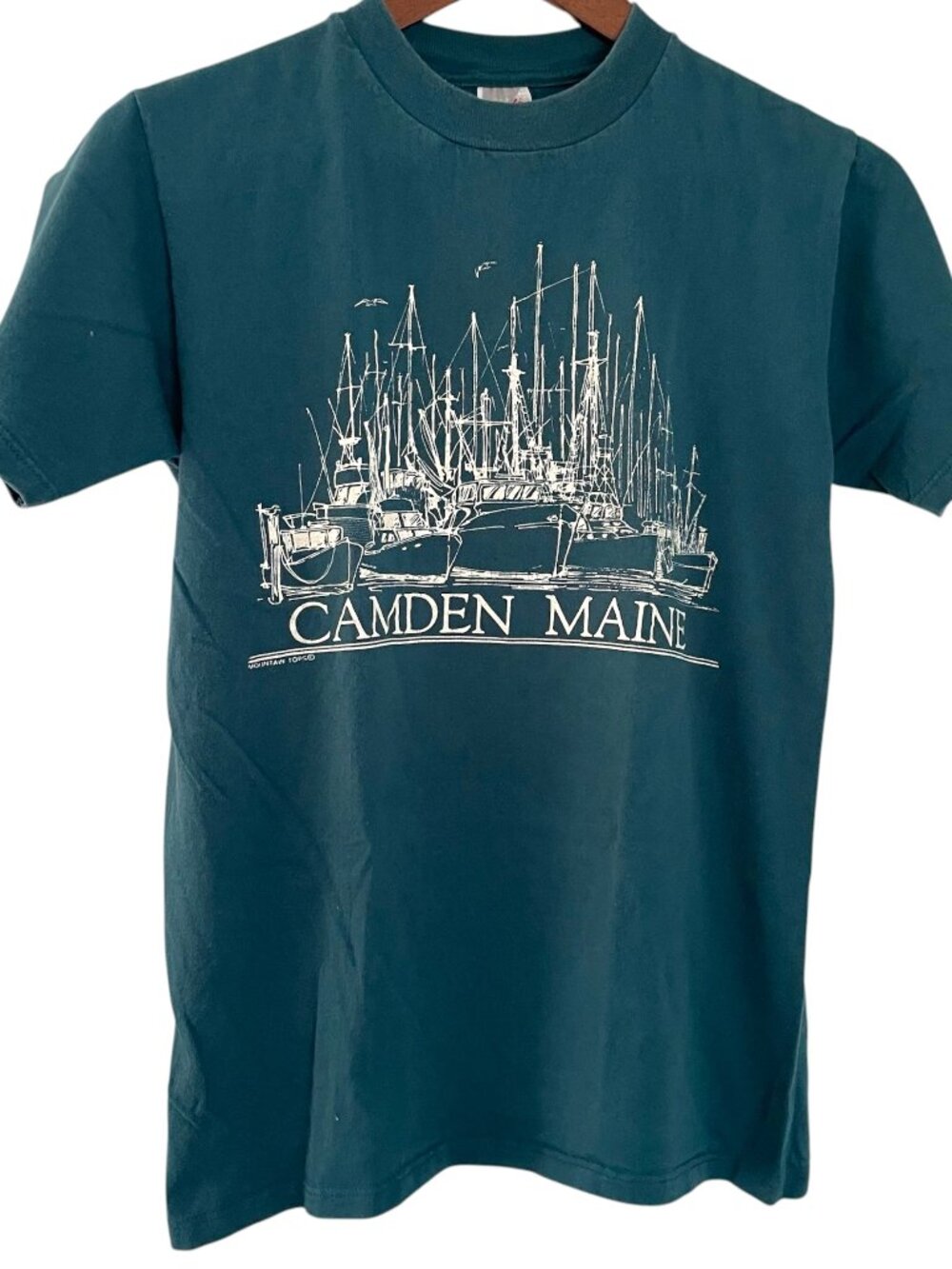 Vintage 80s Jerzees Camden Maine T Shirt Small S Teal Sailboats Ships Nautical